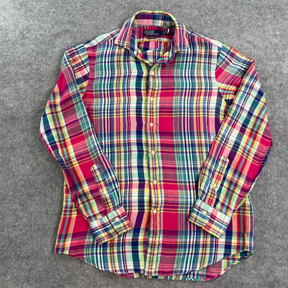 Polo Ralph Lauren Mens Shirt M Multi-Color Plaid Linen Blend Long Sleeve Classic - Picture 2 of 12